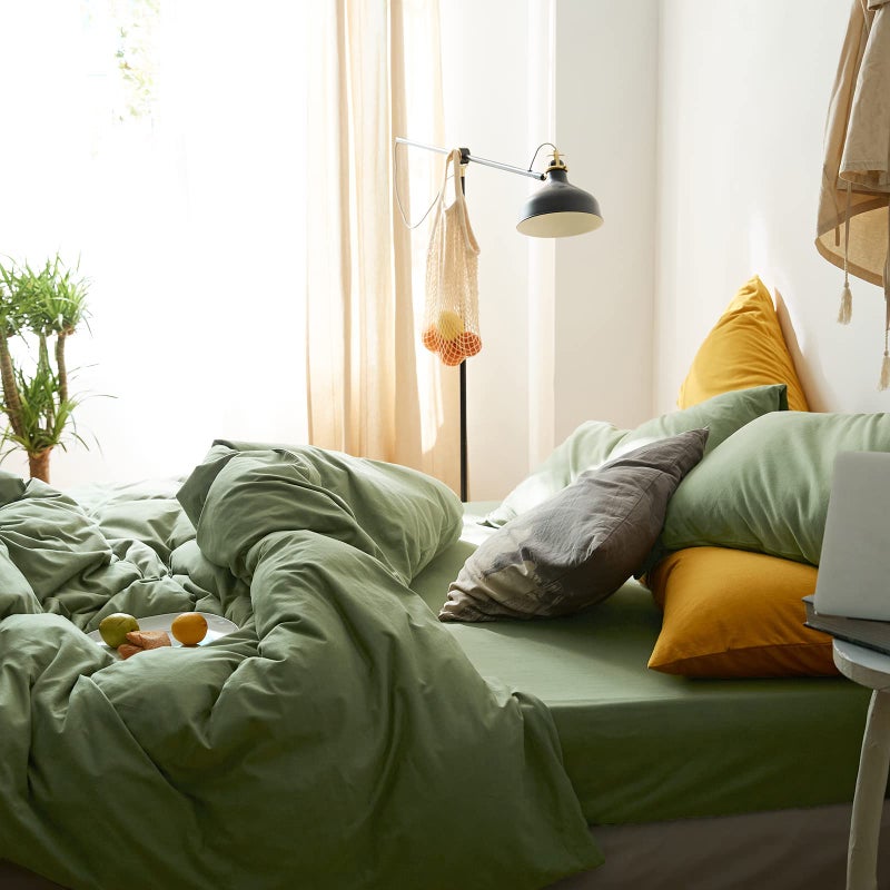 AMWAN Avocado Green Duvet Cover Jersey Knit Cotton Bedding Set Queen Solid Color Comforter Cover Modern Style Green Bedding Cover with 2 Pillowcases Luxury Soft T Shirt Cotton Bedding Collection - Image 4